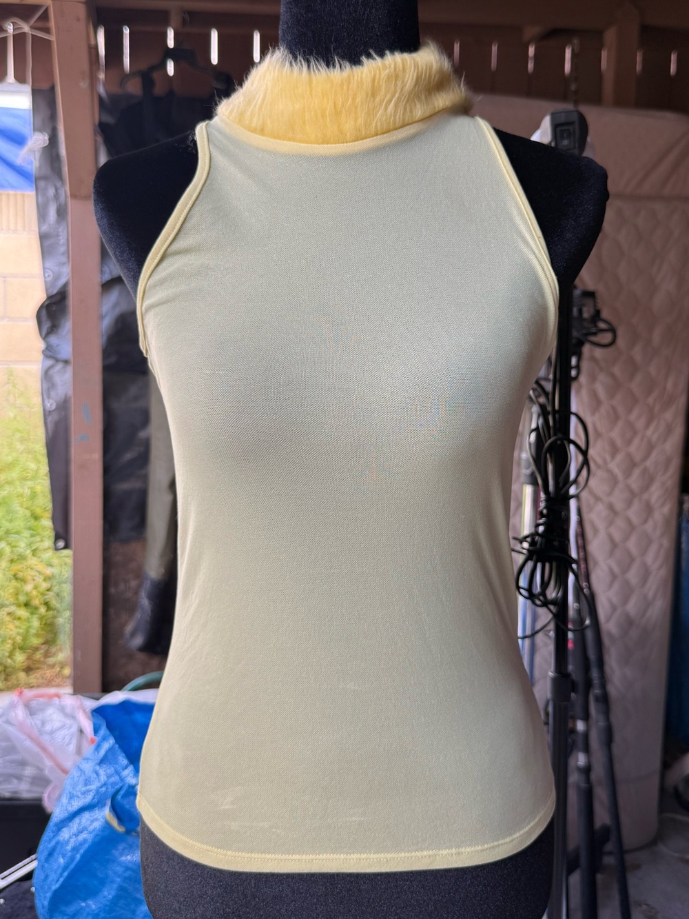 Vtg Versace Jeans Couture Yellow Faux Fur-Trim Halter Top